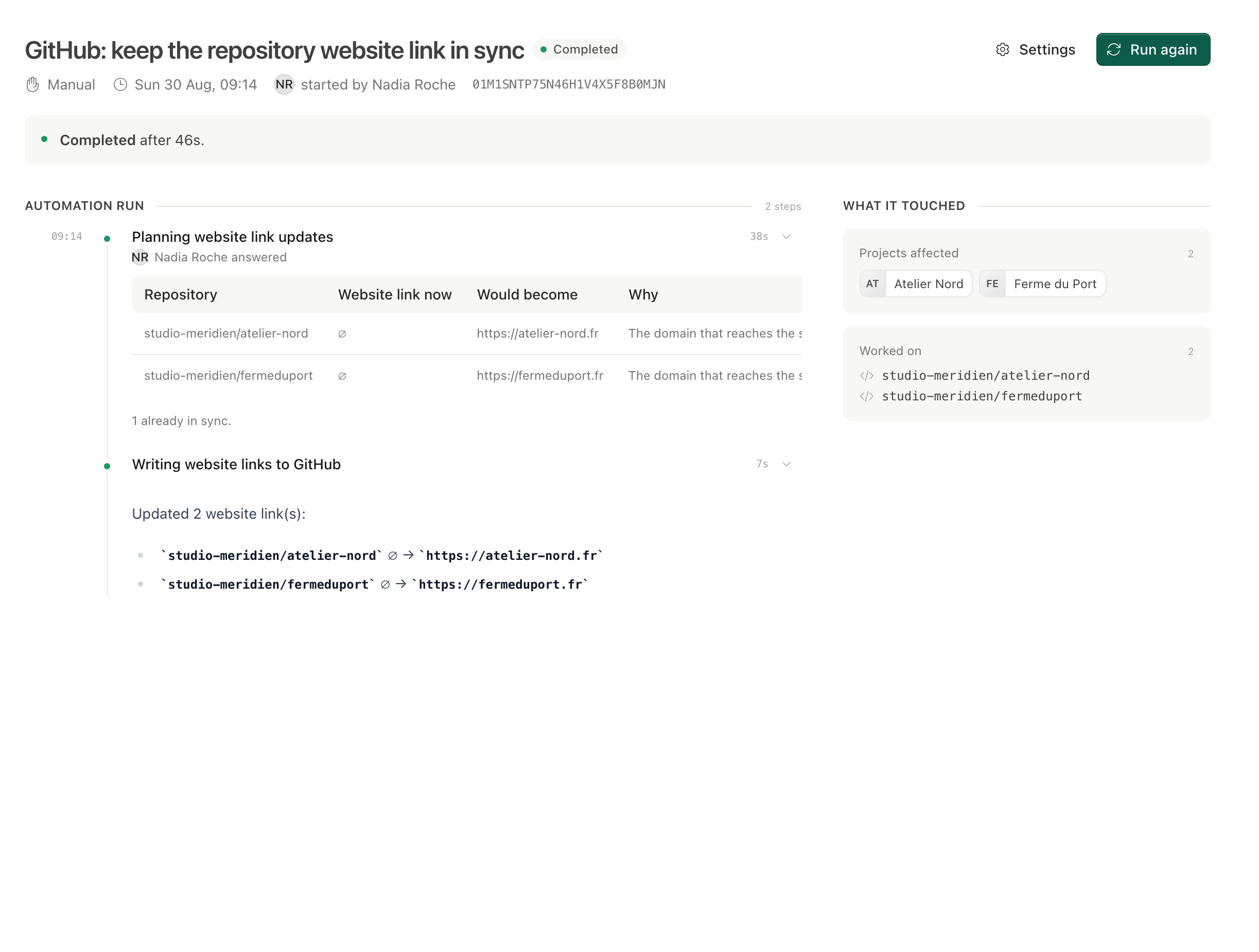 An automation run in Unolia showing the proposed website links per repository and the links written to GitHub