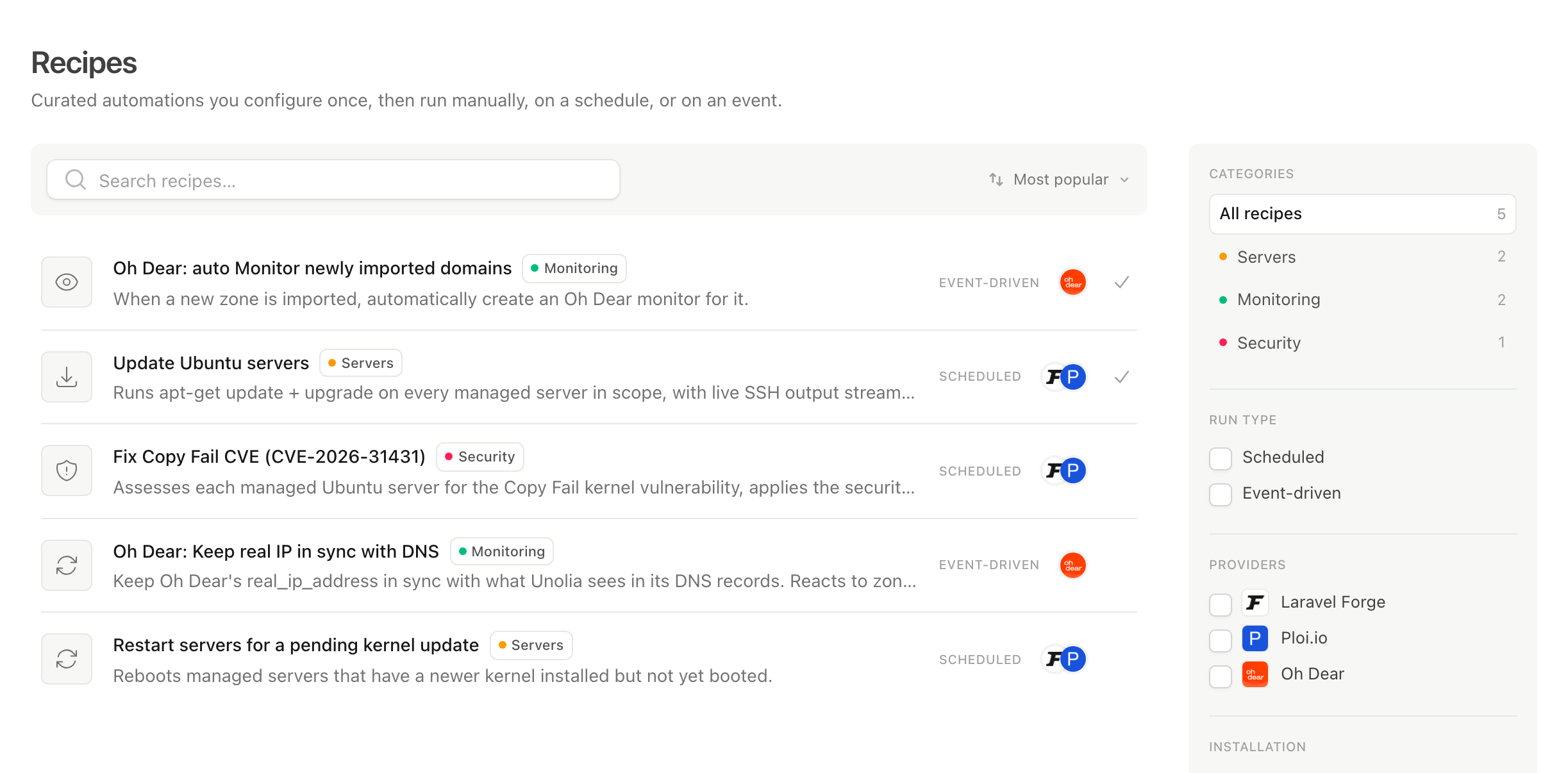 The automation recipes list, filtered by category, run type and provider