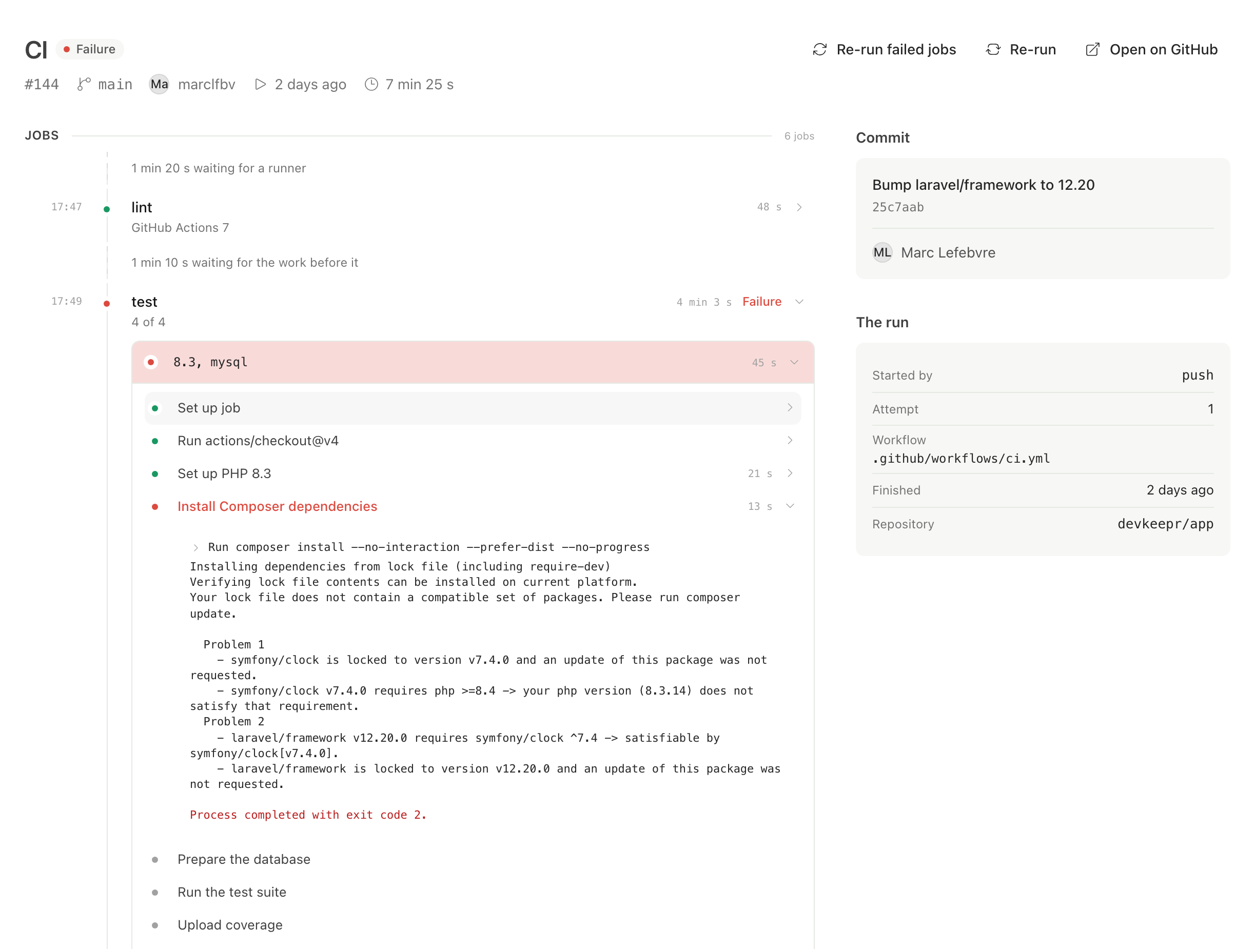 A failed CI run in Unolia: the lint job, the test matrix opened on a failed leg, and the failed step showing its own log