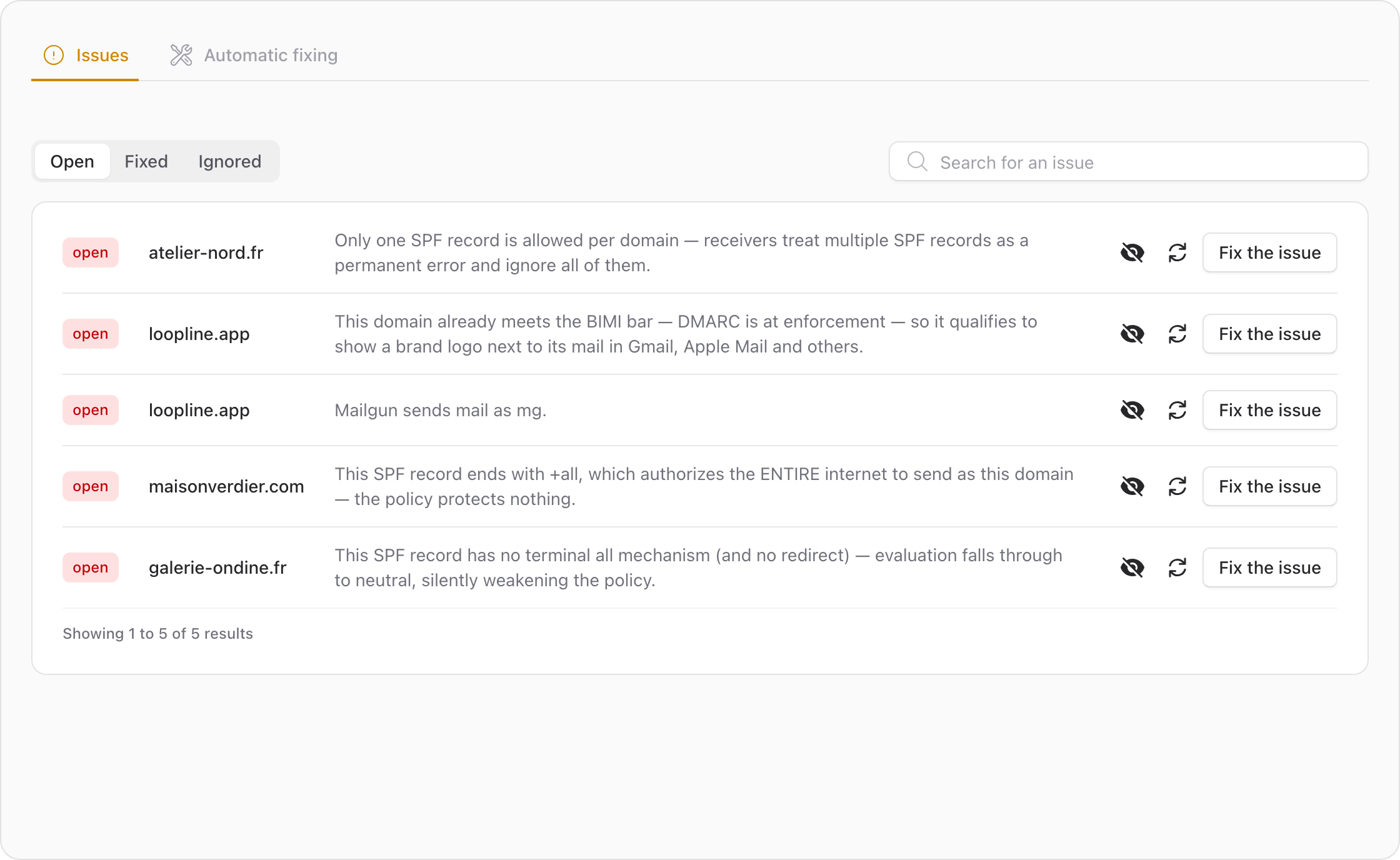 The Unolia issues list: plain-language findings per domain, each with a Fix the issue button
