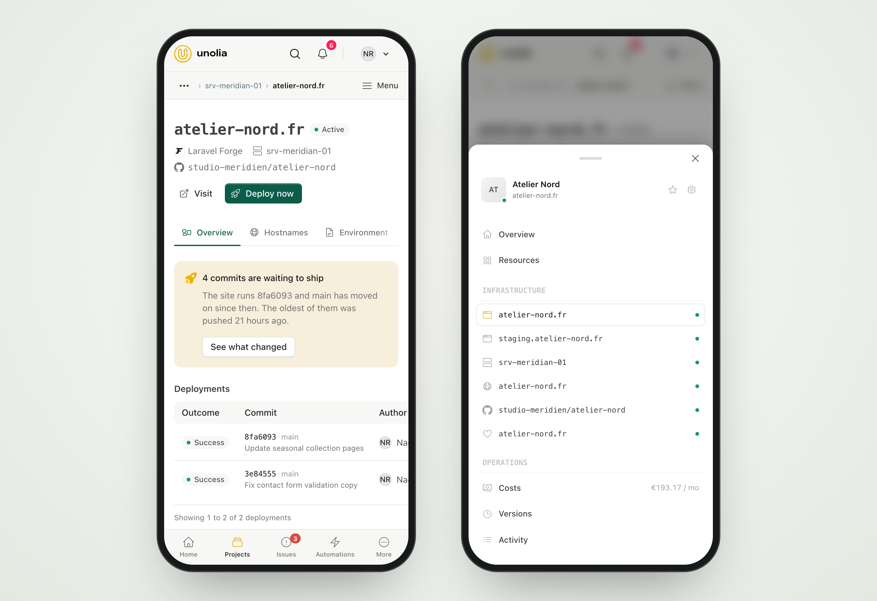 Two phone screens of Unolia: a site page with the context bar and section bar, and the page sidebar opened as a bottom sheet