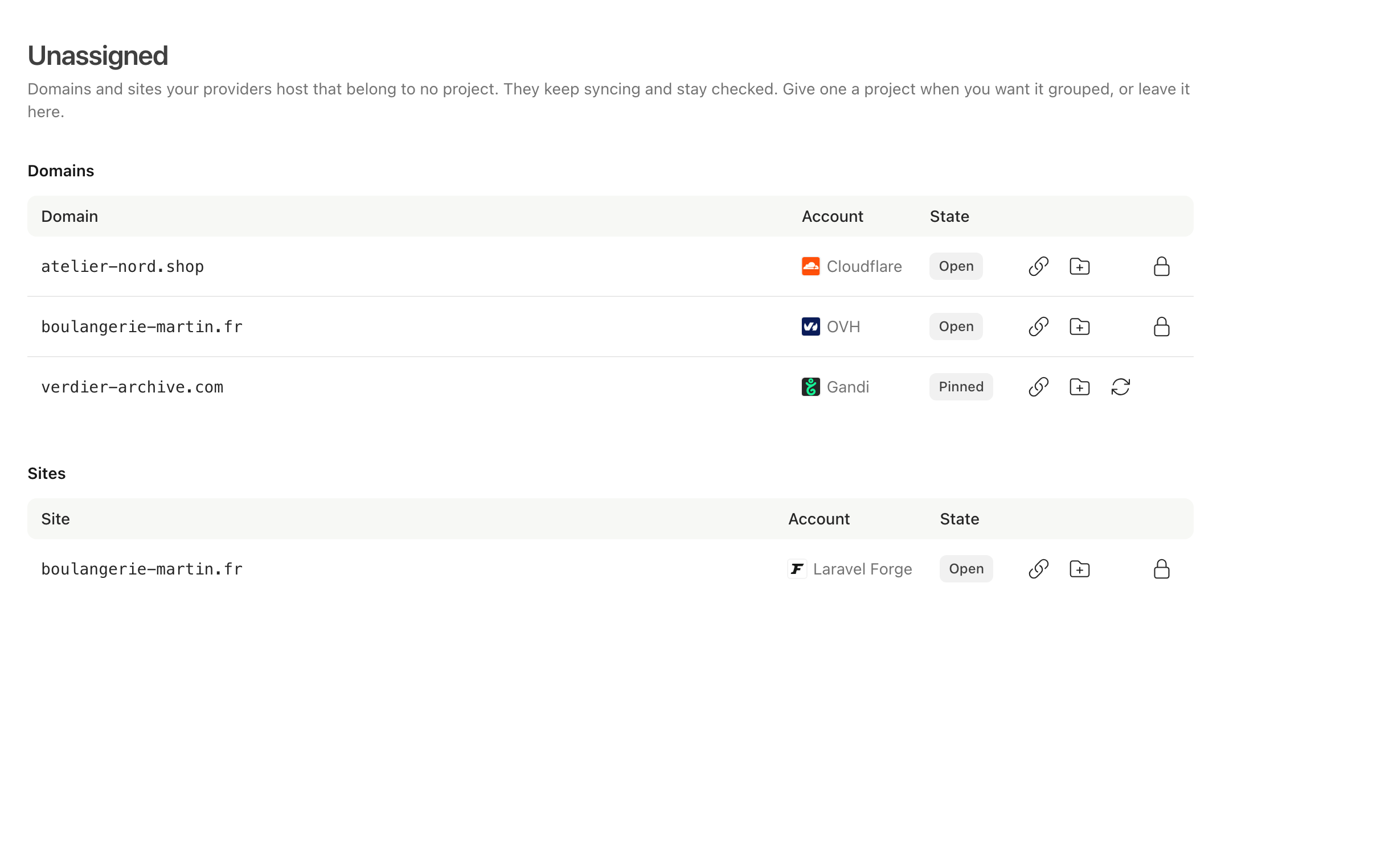 The Unassigned page in Unolia listing three domains and one site that belong to no project, each open or pinned