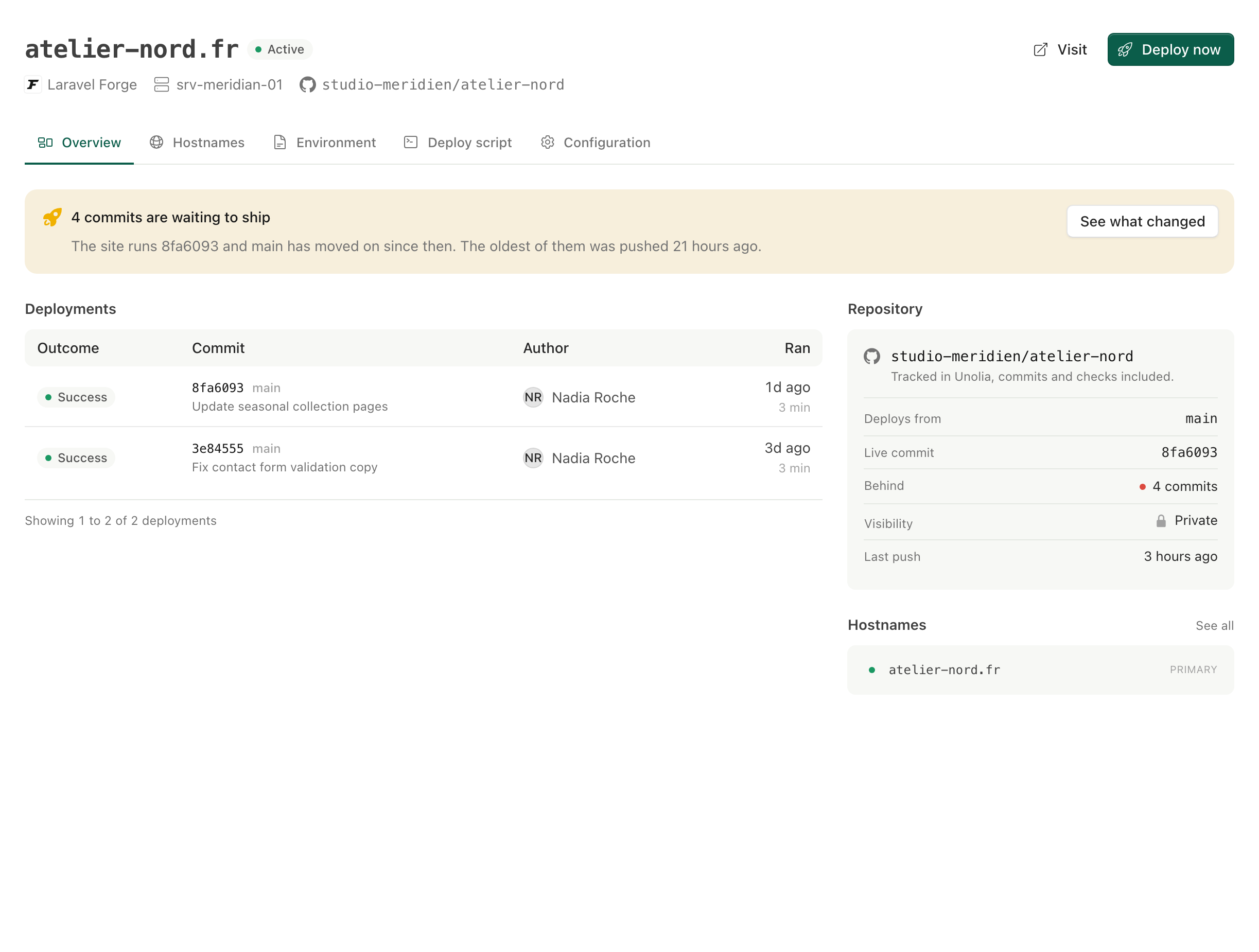 A site page in Unolia with a band saying 4 commits are waiting to ship and a Behind row in the Repository panel