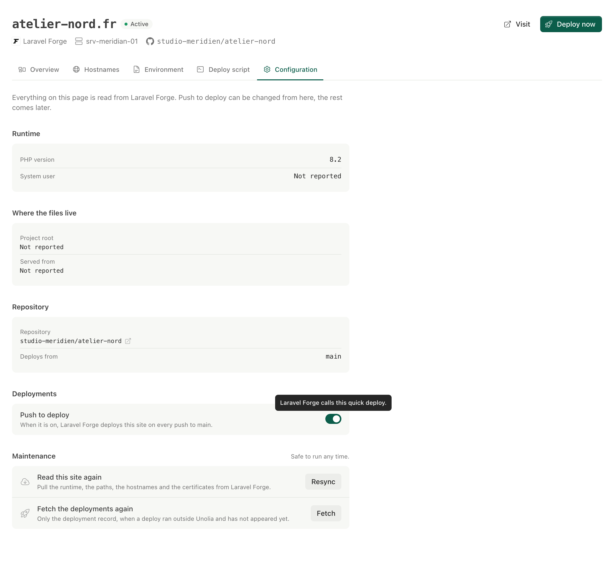 A site configuration page in Unolia with the Push to deploy switch turned on for a Laravel Forge site